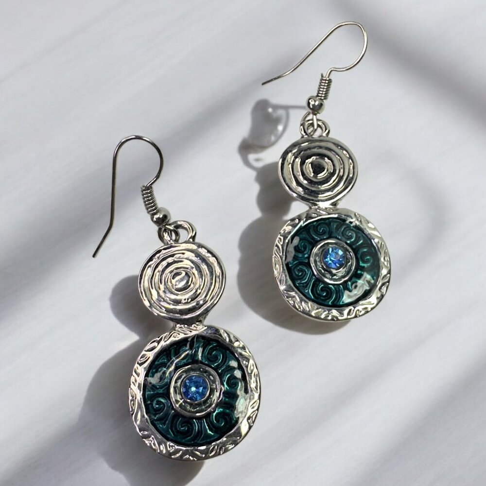 Silver Tone Dangling Pierced Earrings Hook Blue Green Swirls GAUDI Barcelona